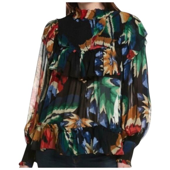 Farm Rio Smocked Ruffle Blouse Chevron Forest Print S Tropical Statement - Picture 9 of 9